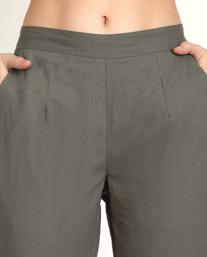 Naariy Grey Solid Women Regular Fit Cotton Trouser With Pocket