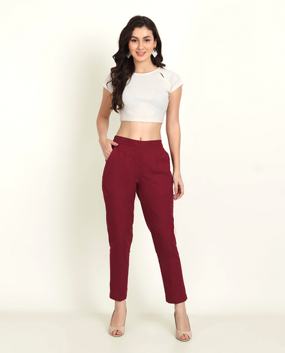 Naariy Maroon Solid Women Regular Fit Cotton Trouser