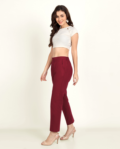 Naariy Maroon Solid Women Regular Fit Cotton Trouser With Comfort