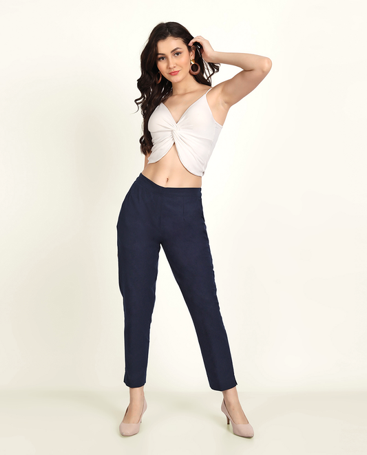 Naariy Navy Blue Solid Women Regular Fit Cotton Trouser