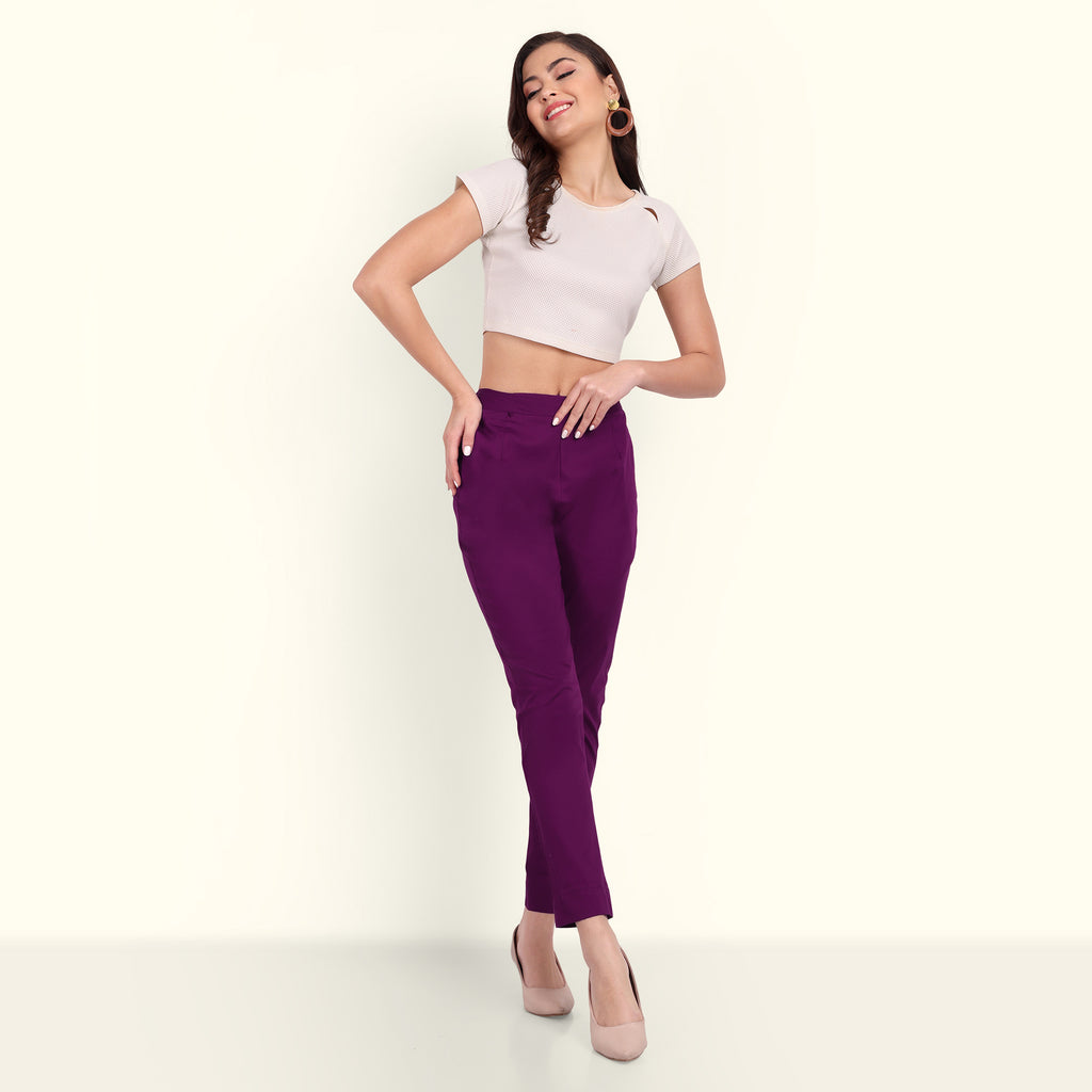 Naariy Purple Stretchable Cotton Pant With Pocket For Women