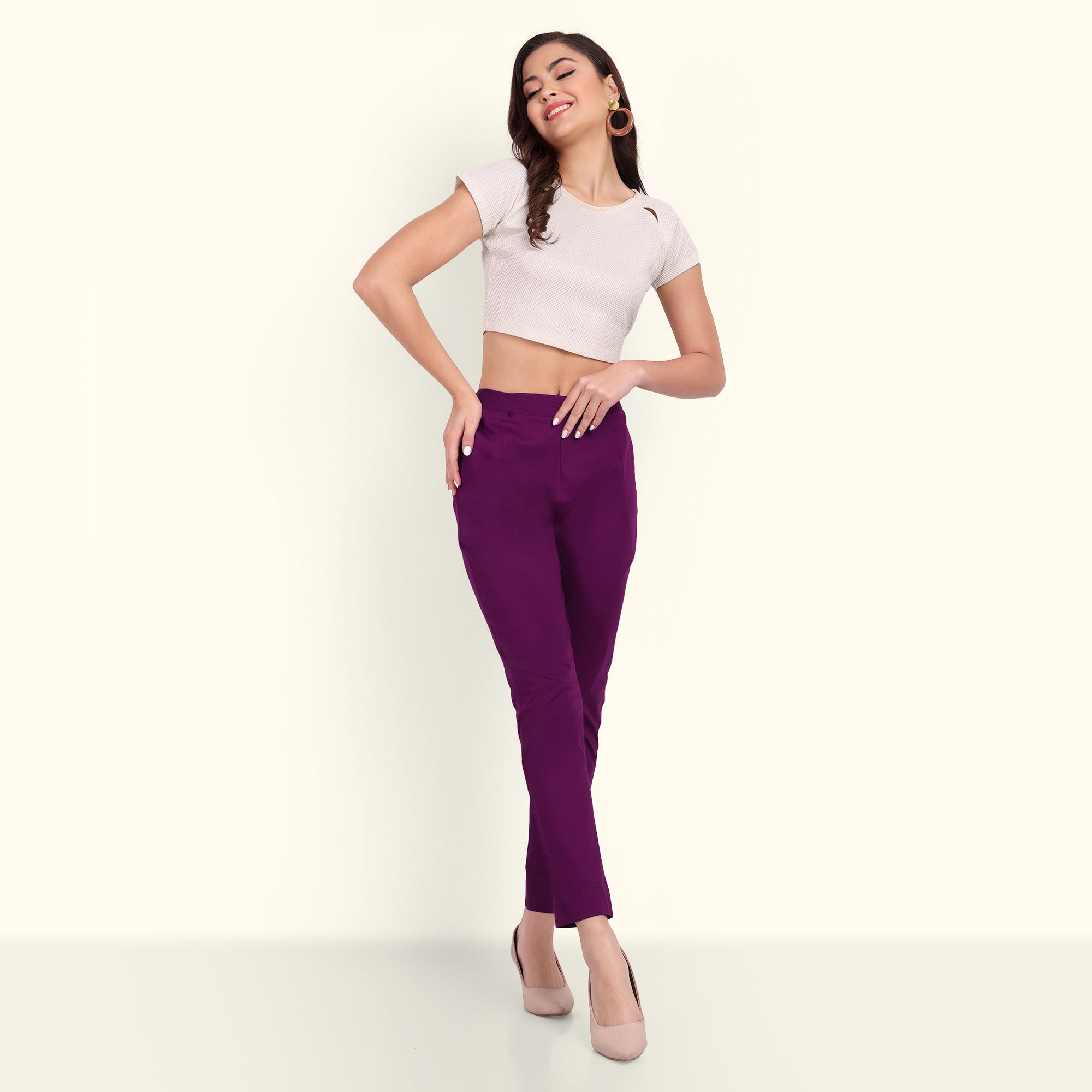 Naariy Purple Stretchable Cotton Pant With Pocket For Women