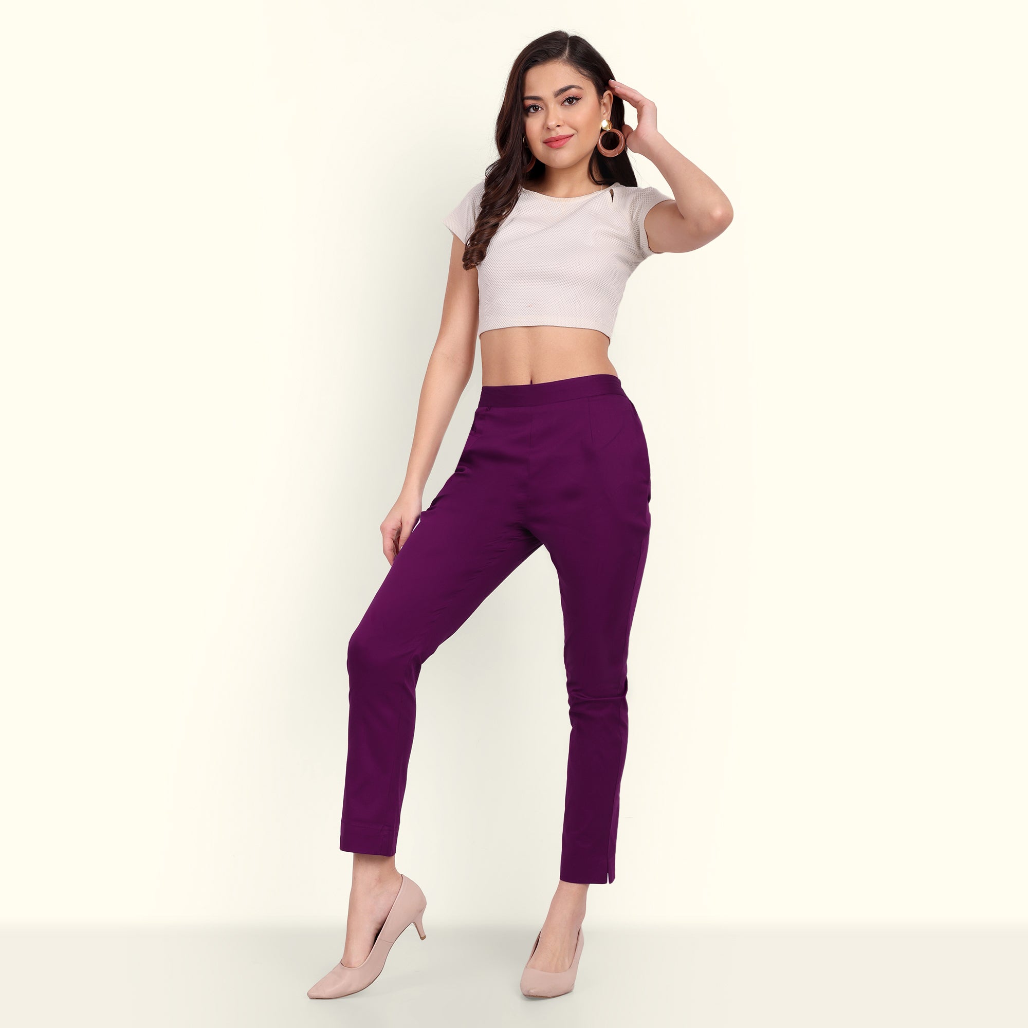 Naariy Purple Stretchable Cotton Pant With Stylish Look For Women