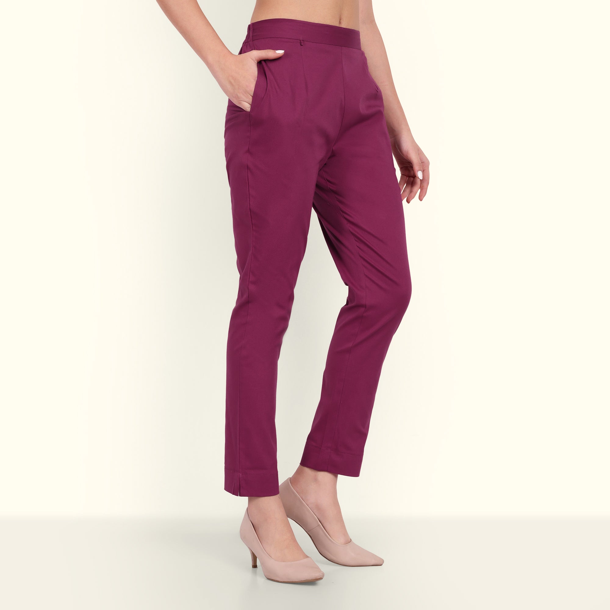 Naariy Rose Taupe Stretchable Cotton Pant With Pocket For Women