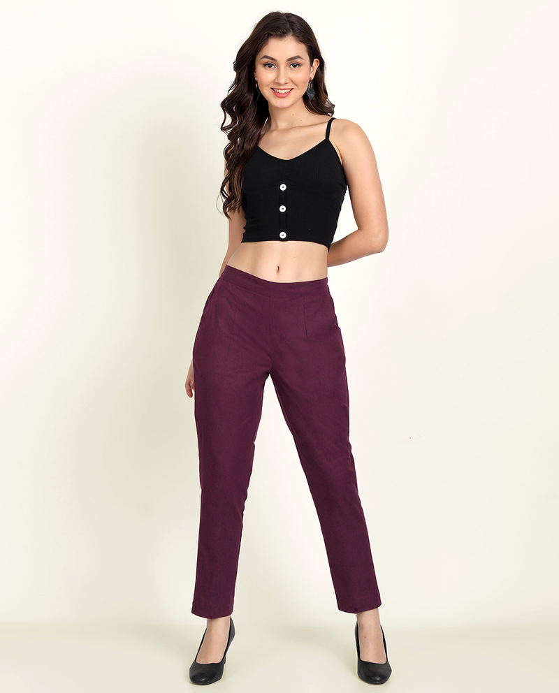 Wine Solid Women Regular Fit Cotton Trouser
