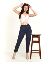 Ruhaans Women Navy Blue Printed Smart Slim Fit Trousers Price in India  Full Specifications  Offers  DTashioncom