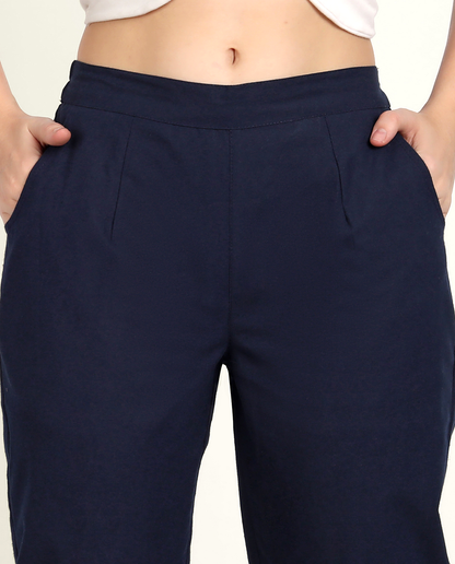 Navy Blue Solid Women Regular Fit Cotton Trouser