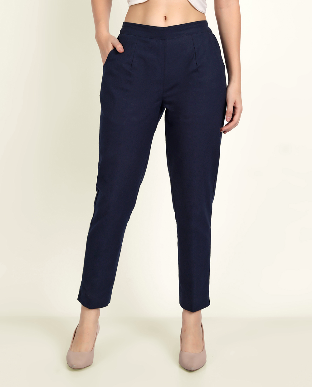 Navy Blue Solid Women Regular Fit Cotton Trouser