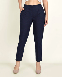Thumbnail for Navy Blue Solid Women Regular Fit Cotton Trouser