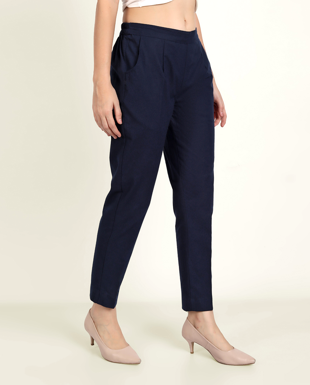 Navy Blue Solid Women Regular Fit Cotton Trouser