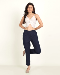 Thumbnail for Navy Blue Solid Women Regular Fit Cotton Trouser