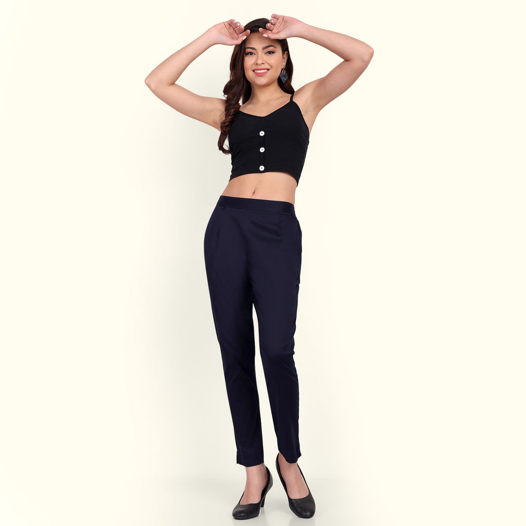  Navy Blue Stretchable Cotton Pant With Comfort For Women