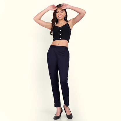  Navy Blue Stretchable Cotton Pant With Comfort For Women