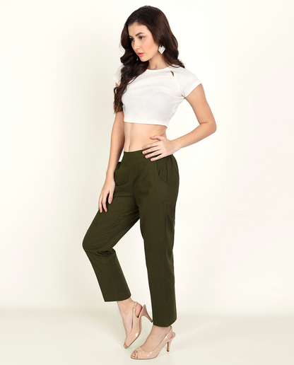 Olive Green Solid Women Regular Fit Cotton Trouser