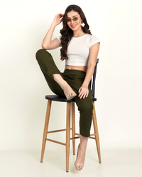 Thumbnail for Olive Green Solid Women Regular Fit Cotton Trouser