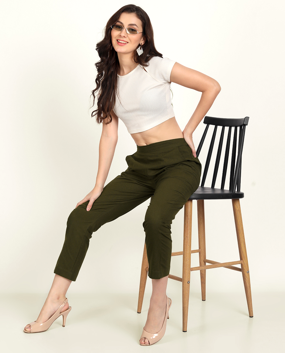 Olive Green Solid Women Regular Fit Cotton Trouser