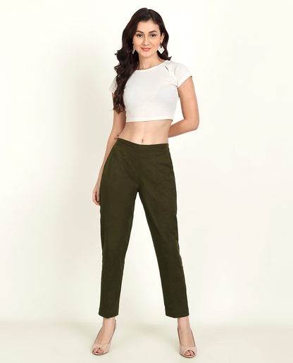 Olive Green Solid Women Regular Fit Cotton Trouser