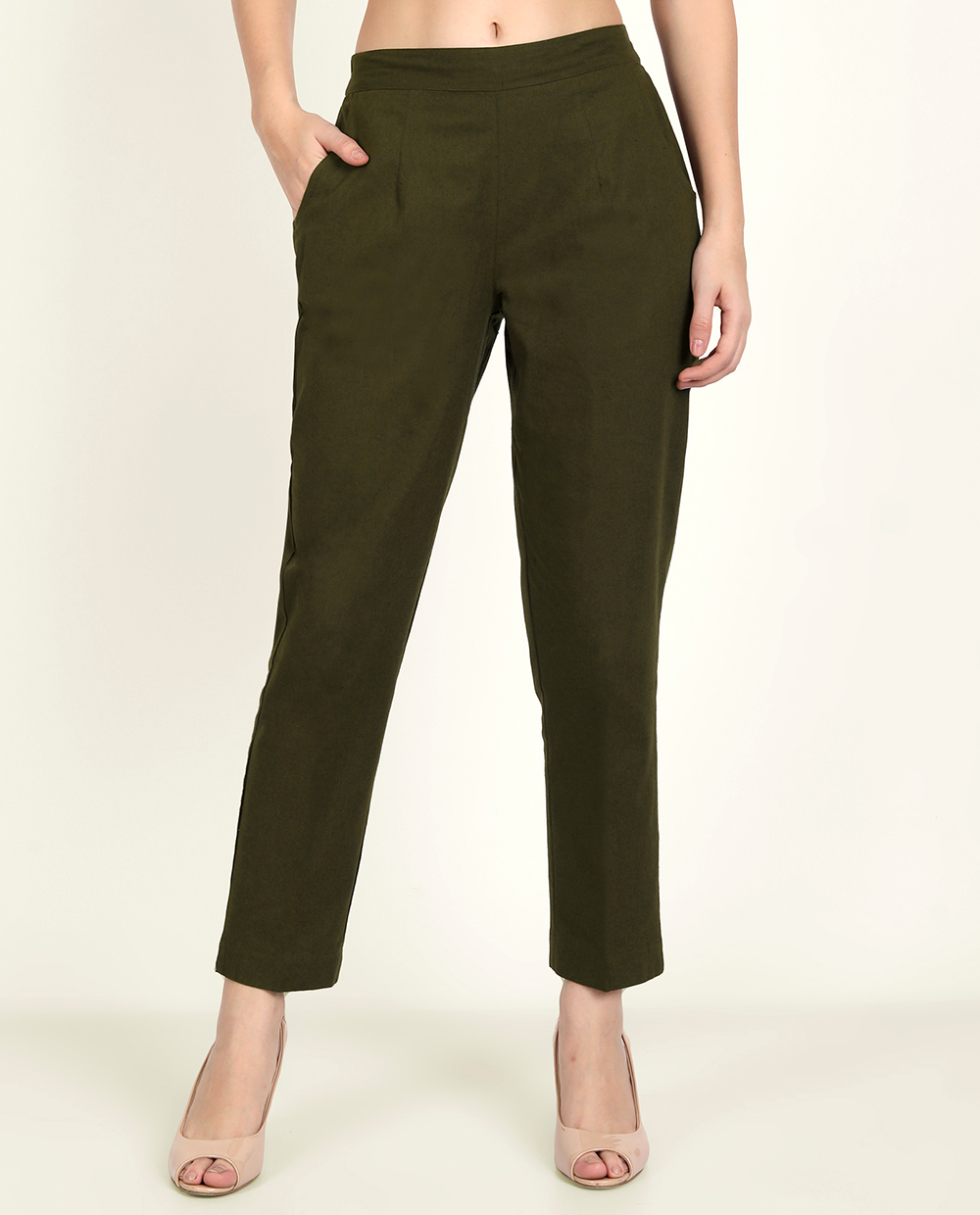 Women Olive Green Solid HighRise Parallel Trousers