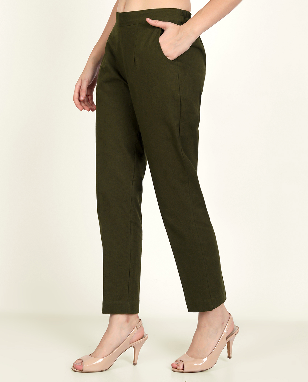 Olive Green Solid Women Regular Fit Cotton Trouser