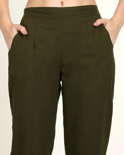 Olive Green Solid Women Regular Fit Cotton Trouser