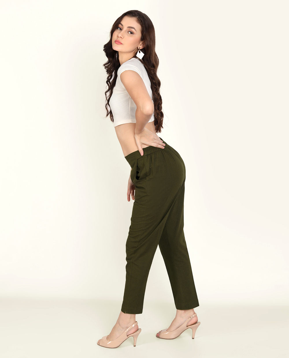 Olive Green Solid Women Regular Fit Cotton Trouser