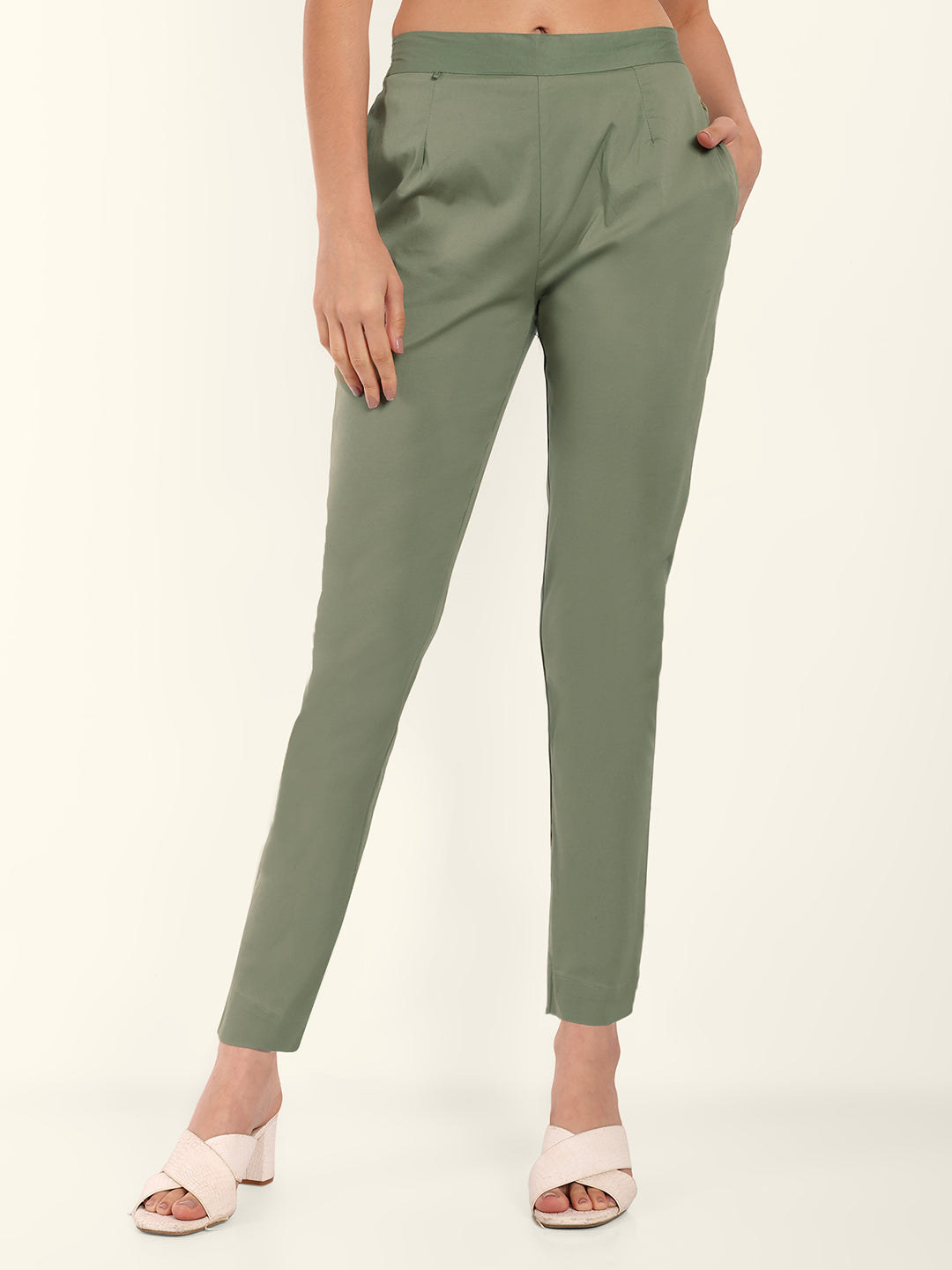  Pista Green Stretchable Cotton Pant For Women 