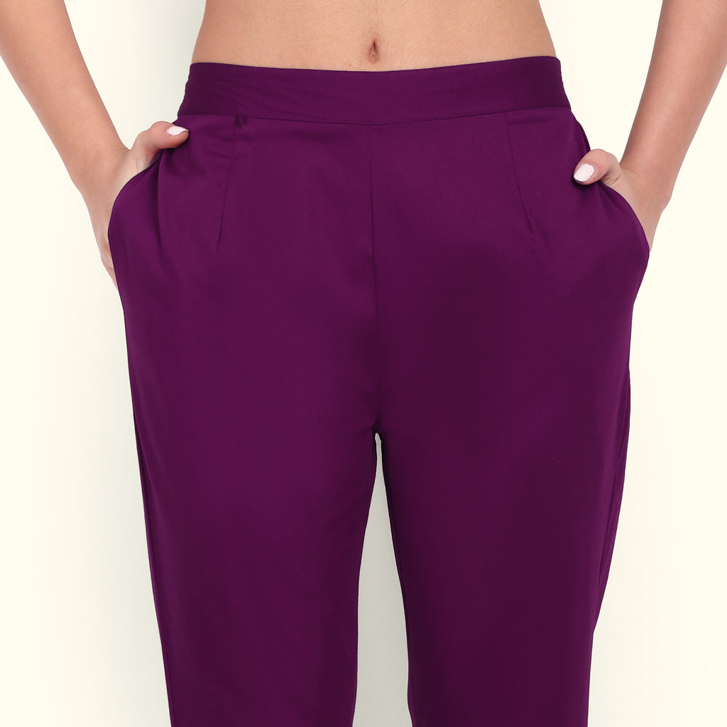 Purple Stretchable Cotton Pant With Pocket