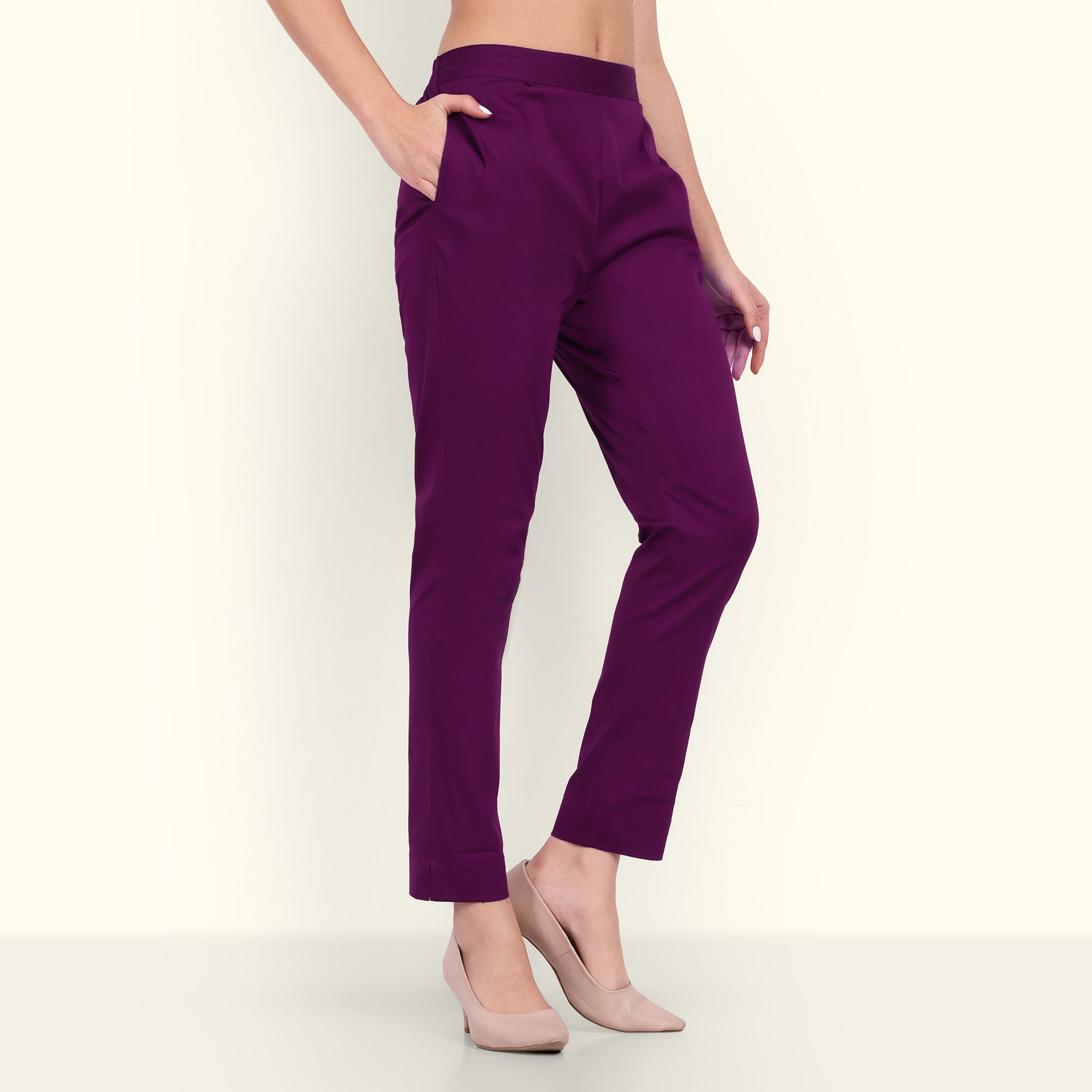  Purple Stretchable Cotton Pant With Pocket For Women