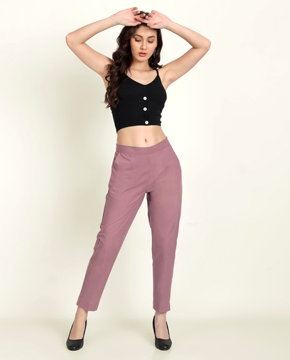 Rose Taupe Solid Women Regular Fit Cotton Trouser