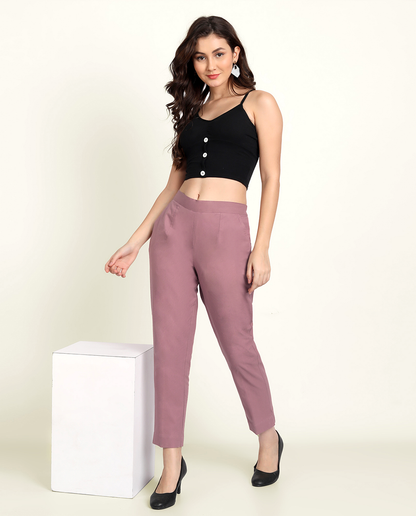 Rose Taupe Solid Women Regular Fit Cotton Trouser