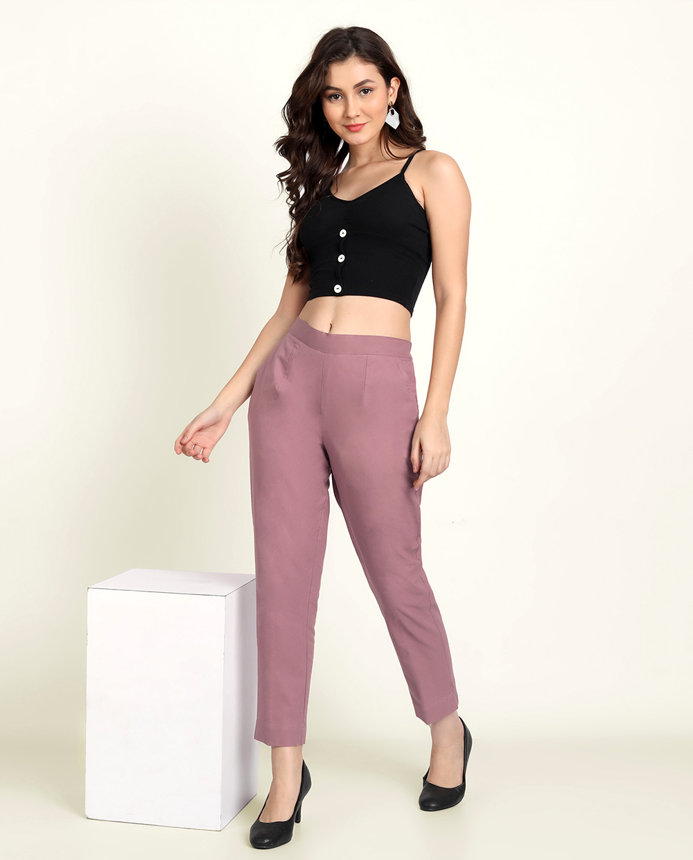 Rose Taupe Solid Women Regular Fit Cotton Trouser