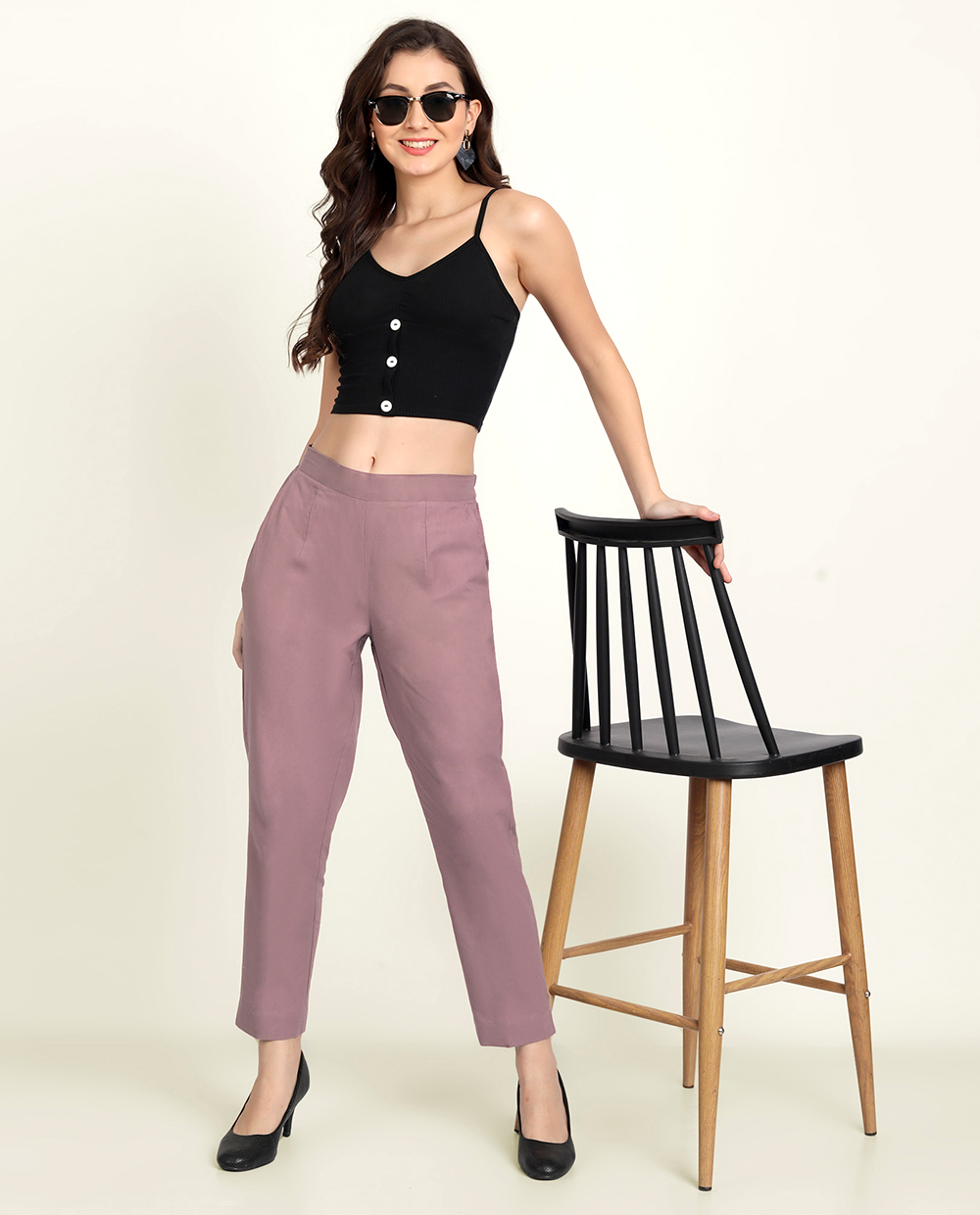 Rose Taupe Solid Women Regular Fit Cotton Trouser