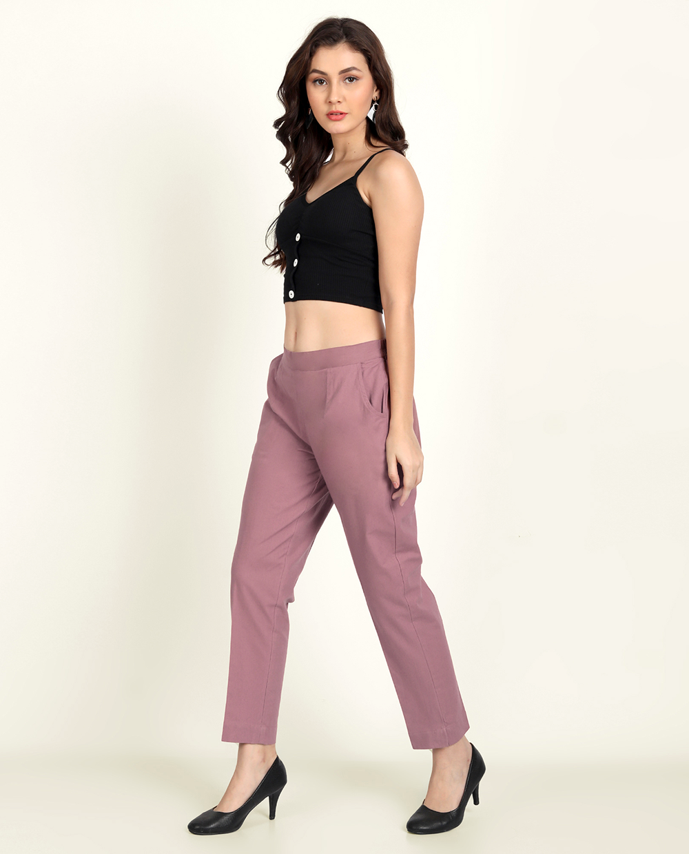 Rose Taupe Solid Women Regular Fit Cotton Trouser