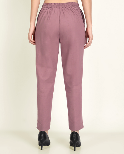 Rose Taupe Solid Women Regular Fit Cotton Trouser