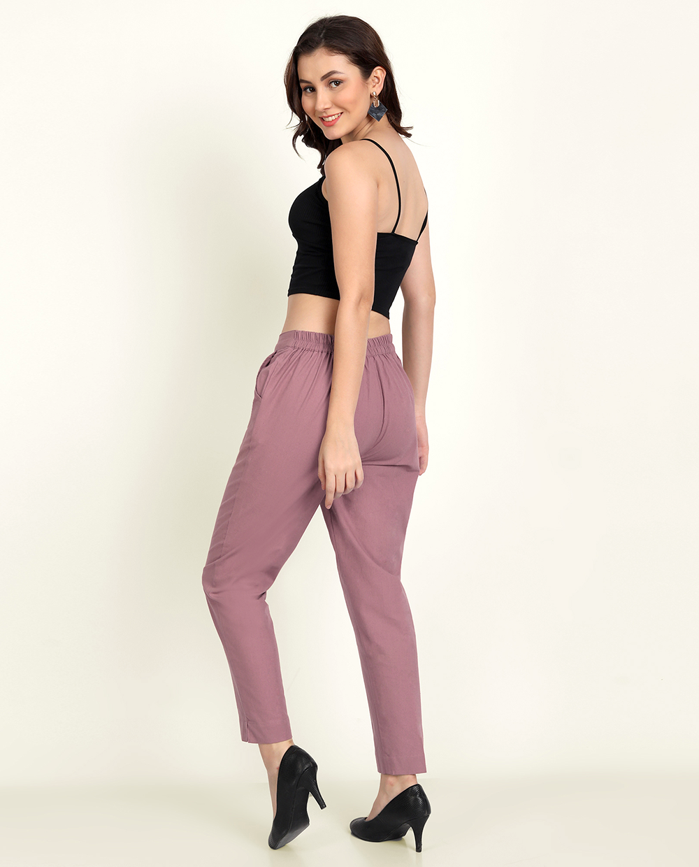 Rose Taupe Solid Women Regular Fit Cotton Trouser