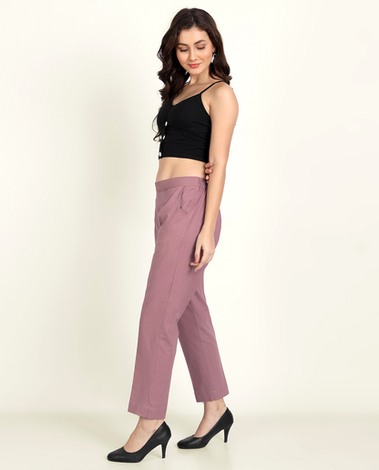 Rose Taupe Solid Women Regular Fit Cotton Trouser