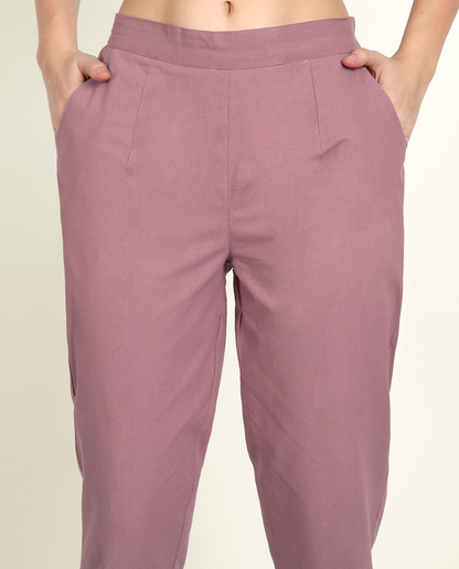 Rose Taupe Solid Women Regular Fit Cotton Trouser