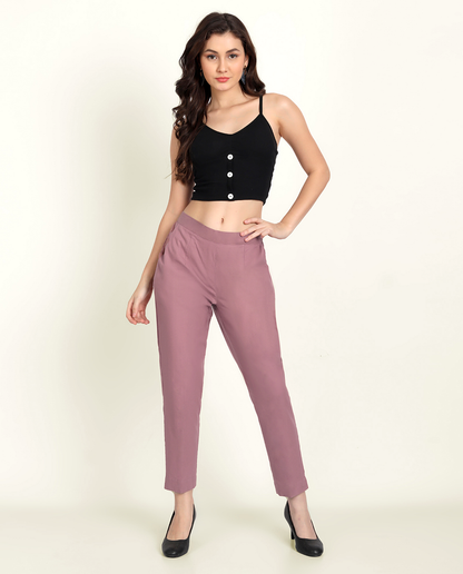 Rose Taupe Solid Women Regular Fit Cotton Trouser