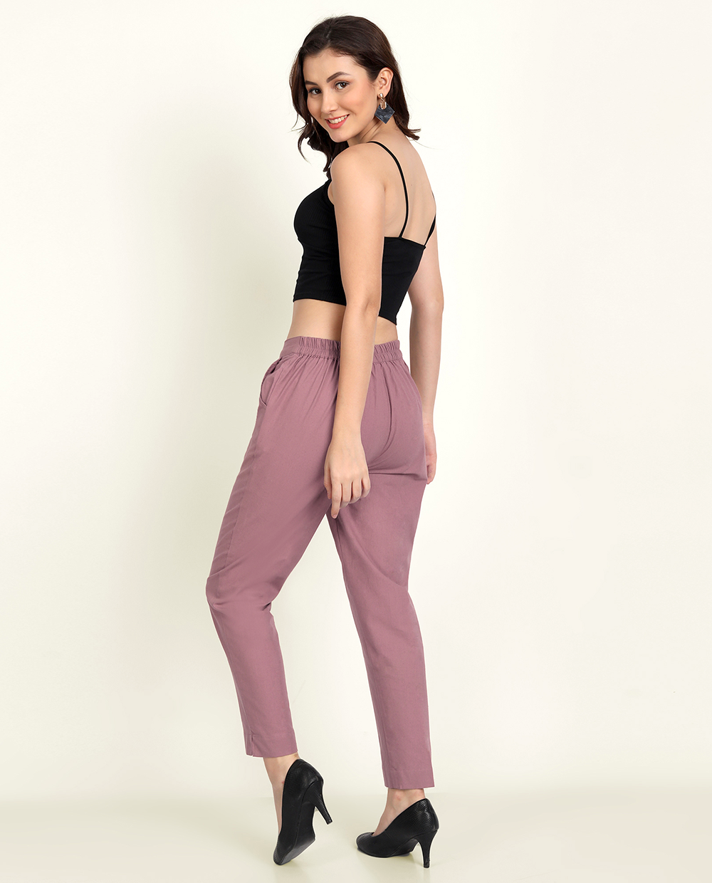 Rose Taupe Solid Women Regular Fit Cotton Trouser 
