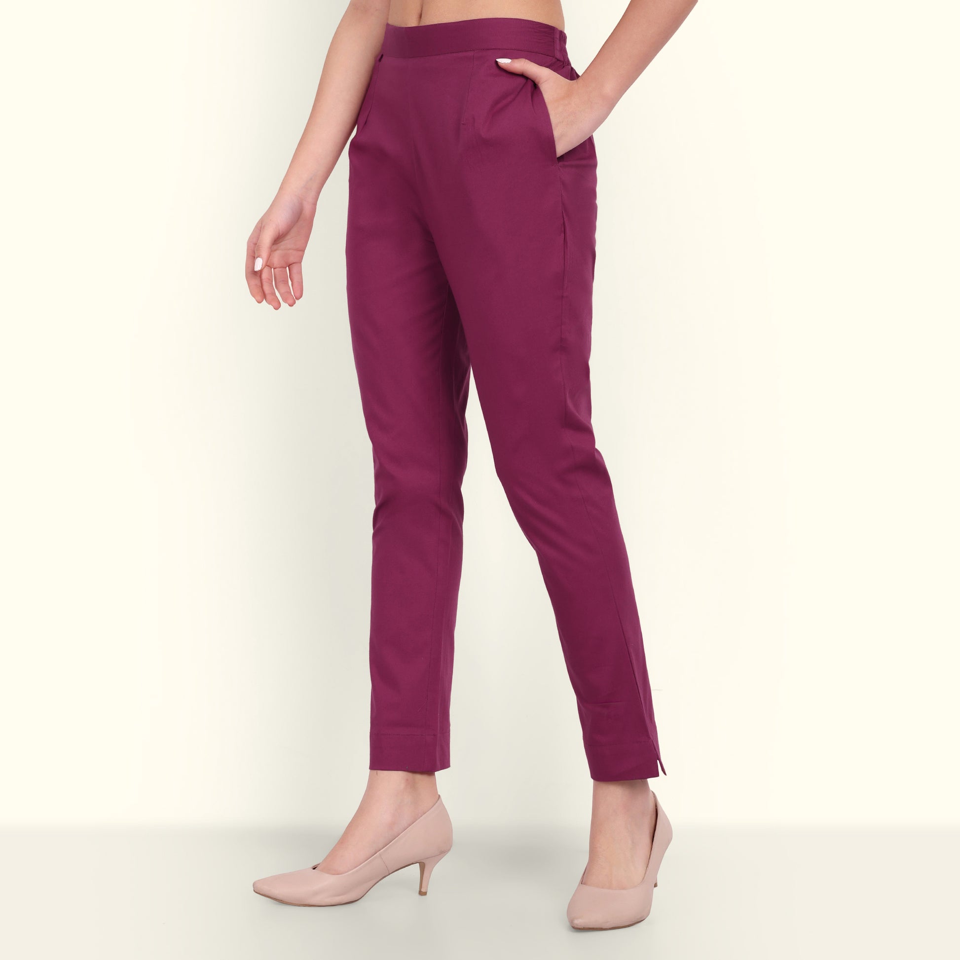 Rose Taupe Stretchable Cotton Pant With Pocket For Women