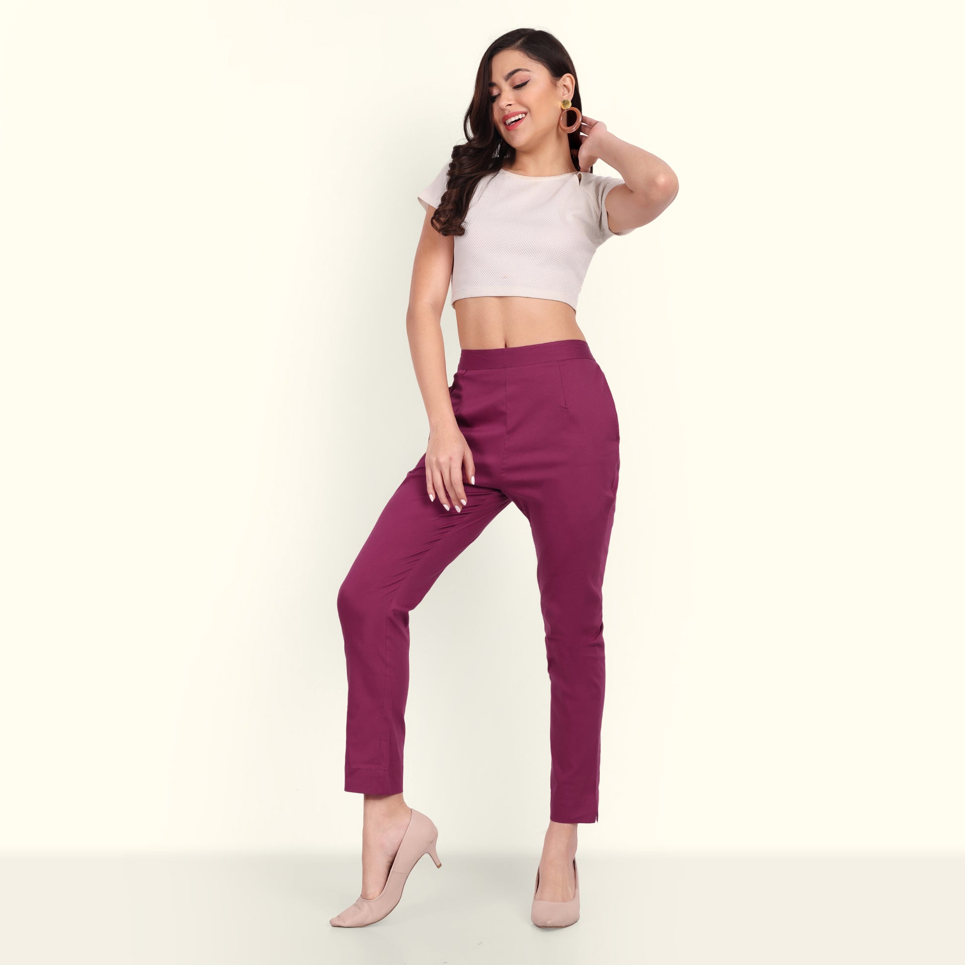  Rose Taupe Stretchable Cotton Pant With Stylish Look For Women
