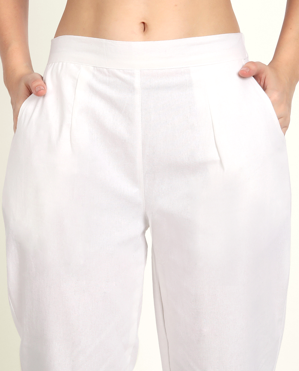 White Solid Women Regular Fit Cotton Trouser