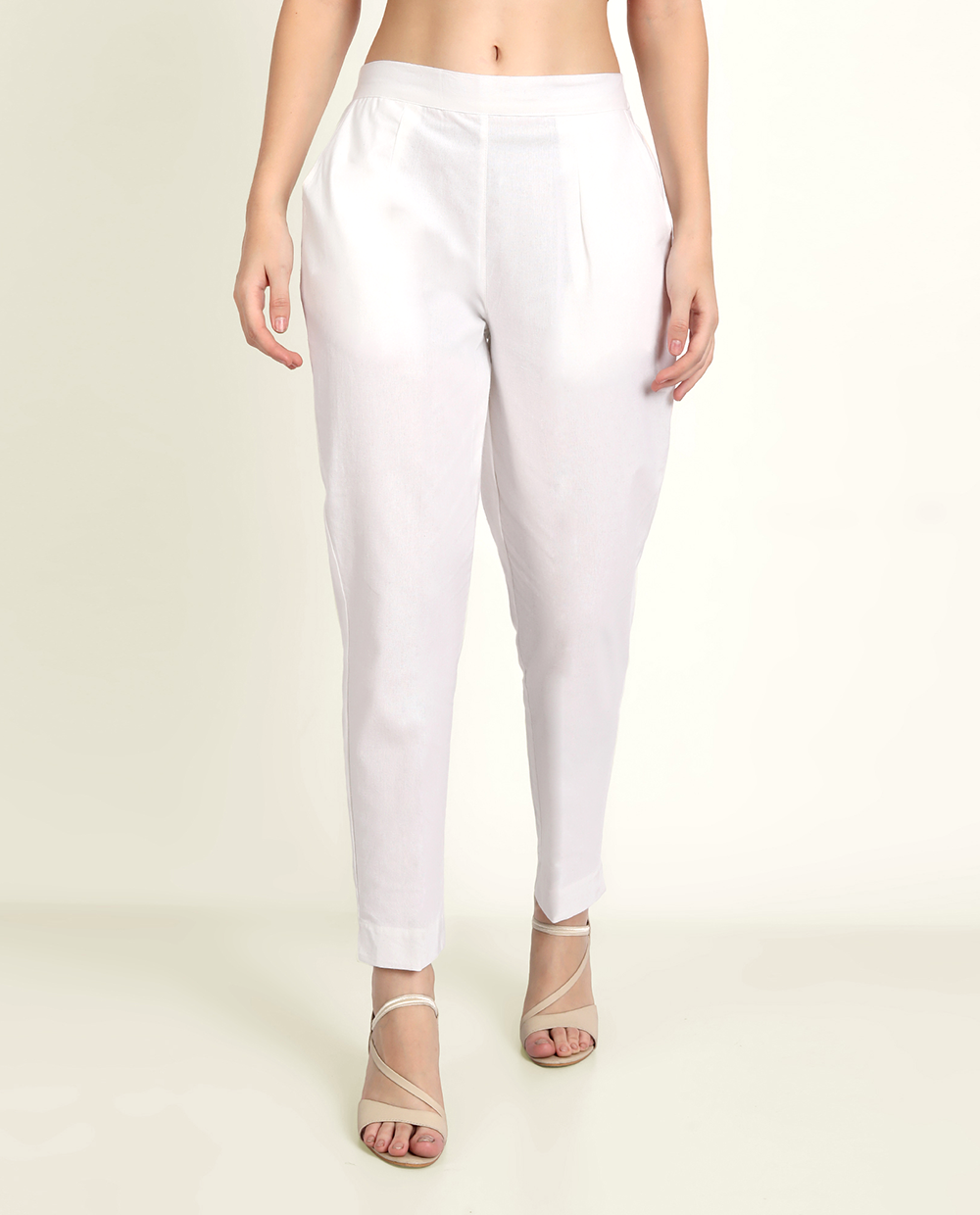 White Solid Women Regular Fit Cotton Trouser