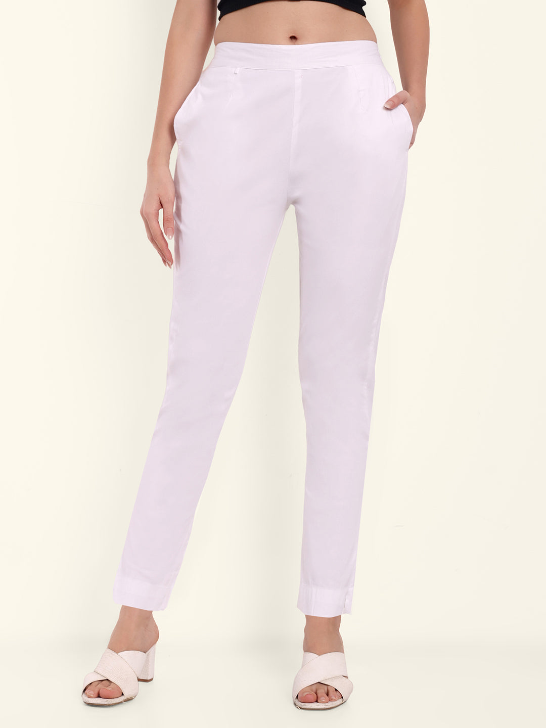  White Stretchable Cotton Pant For Women 