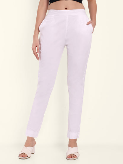  White Stretchable Cotton Pant For Women 