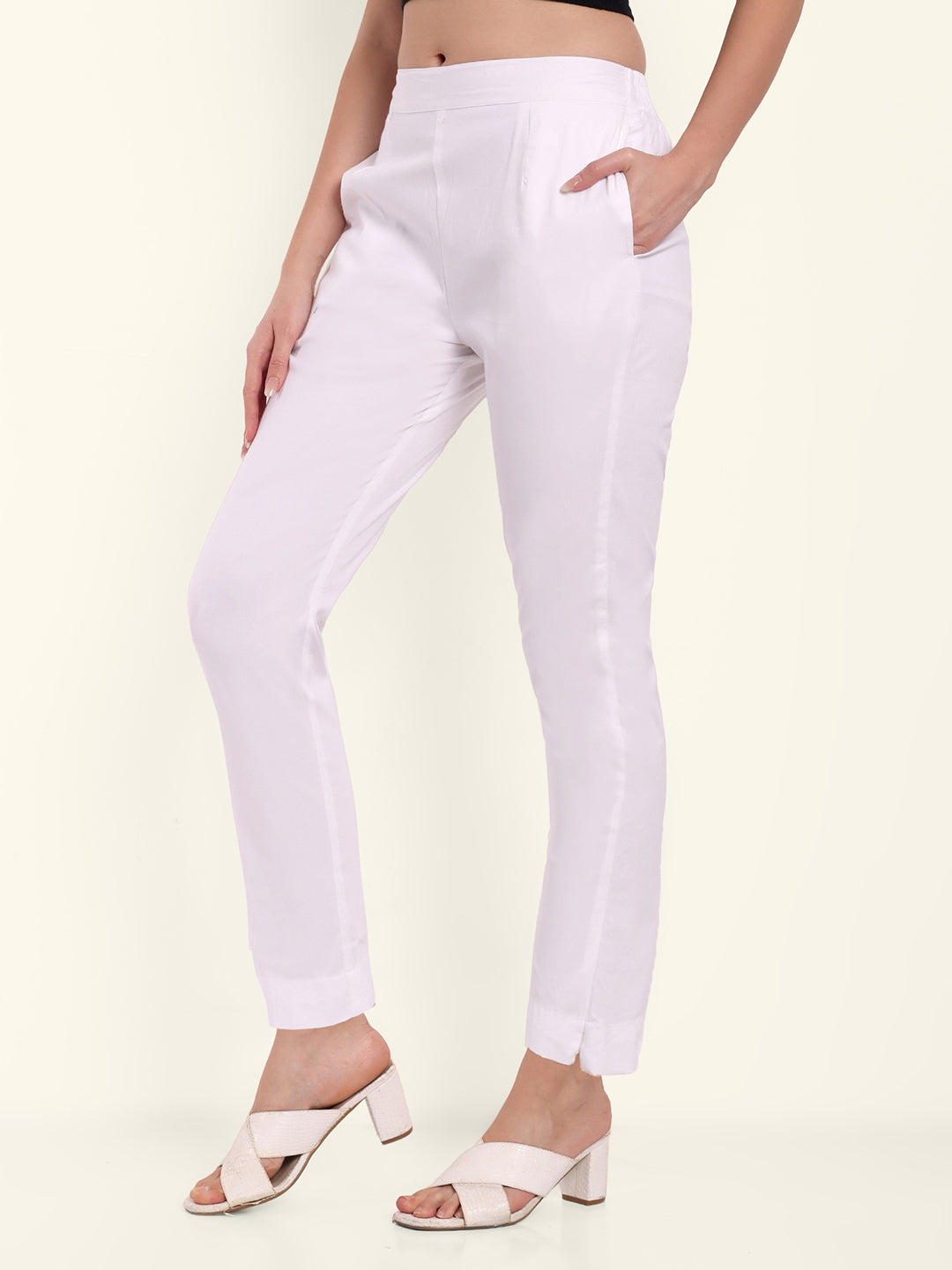 White Stretchable Cotton Pant With Pocket For Women