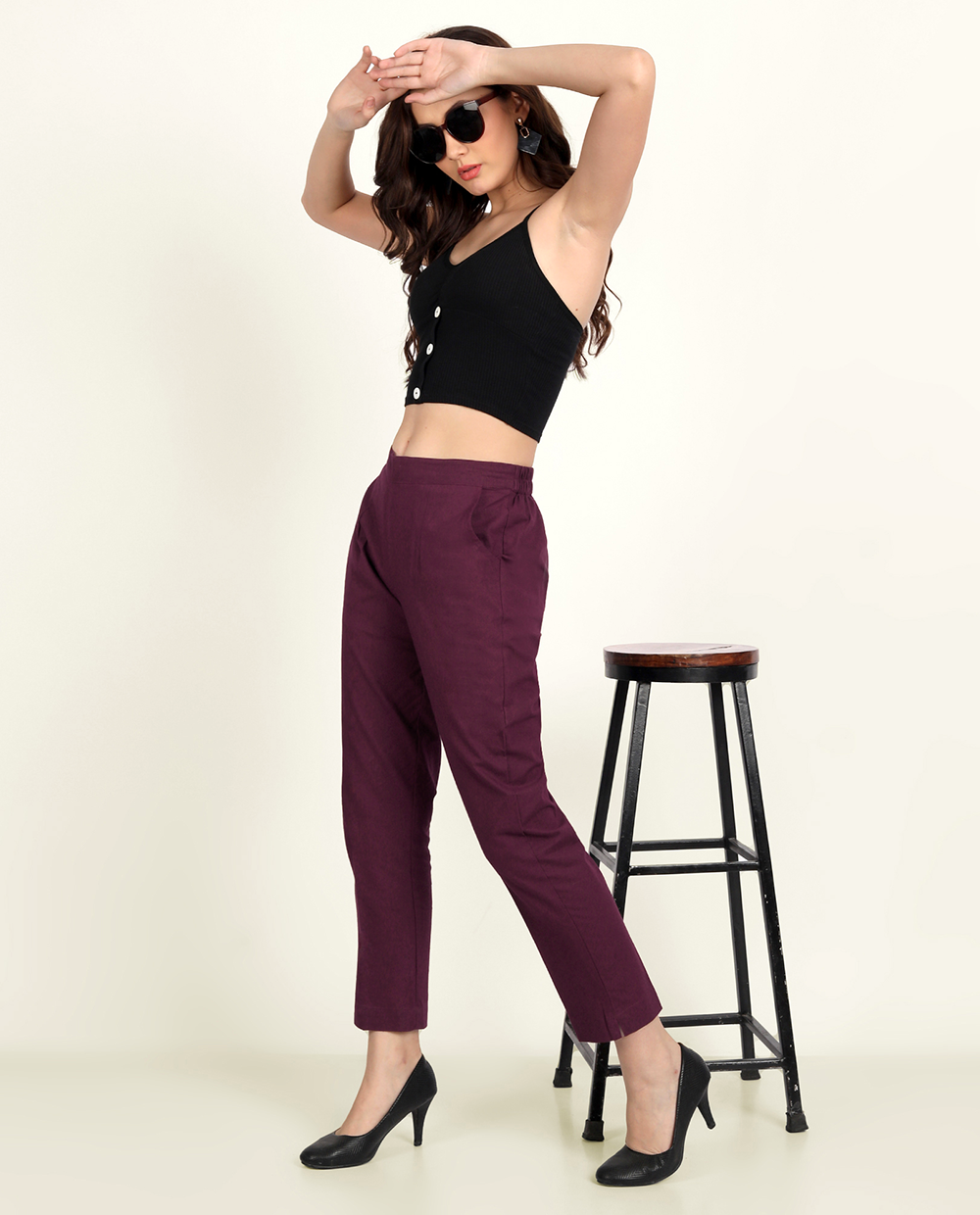 Wine Solid Women Regular Fit Cotton Trouser