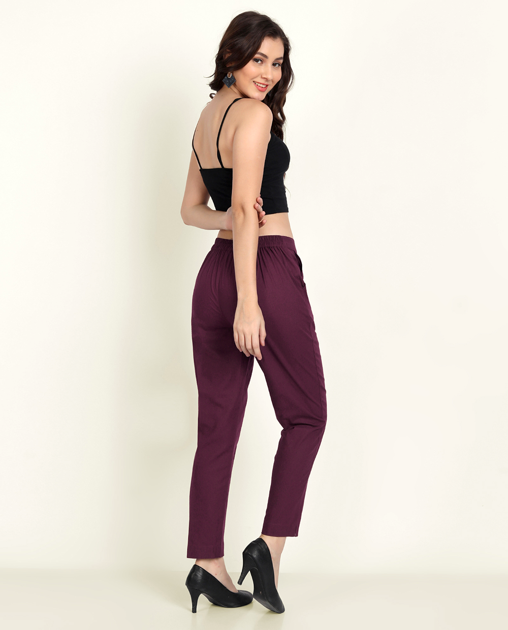 Wine Solid Women Regular Fit Cotton Trouser