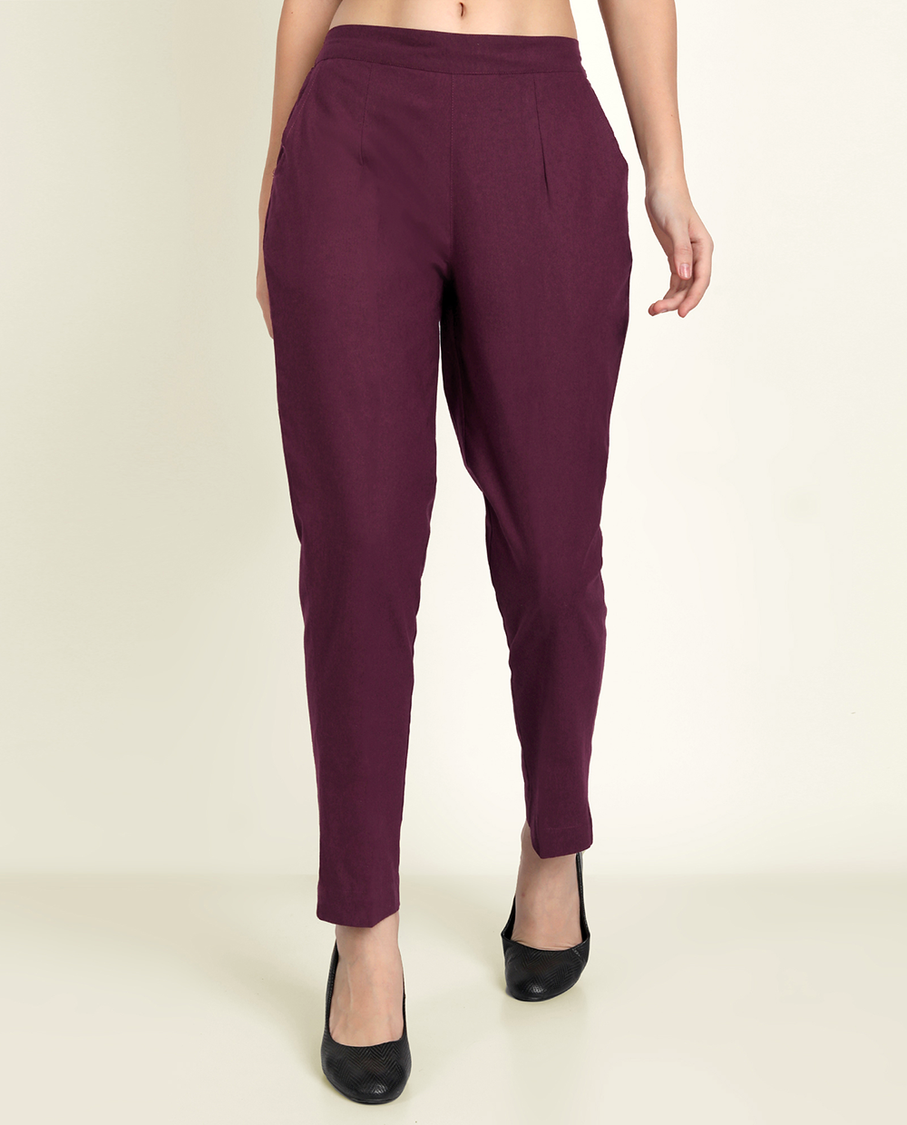 Wine Solid Women Regular Fit Cotton Trouser