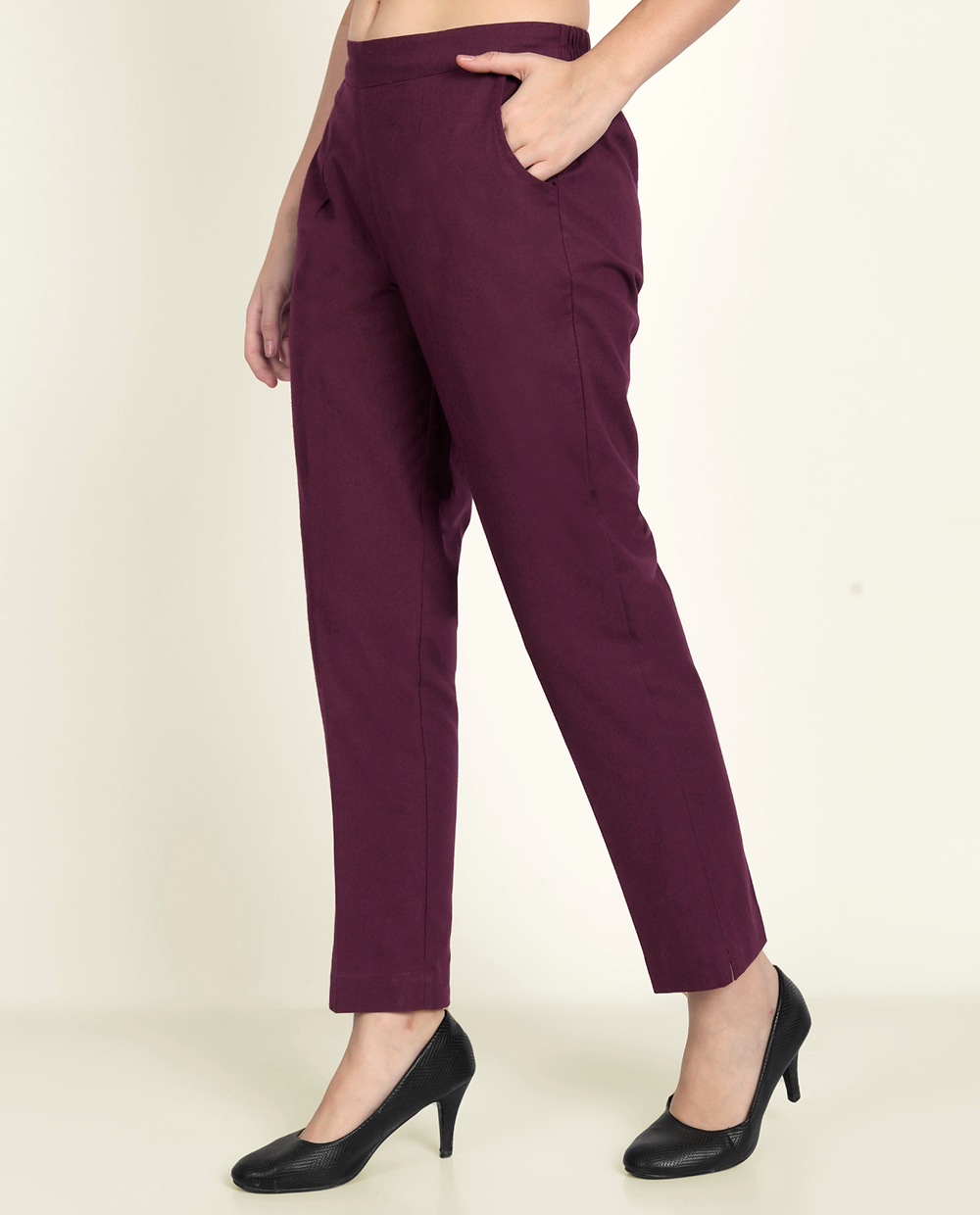 Wine Solid Women Regular Fit Cotton Trouser